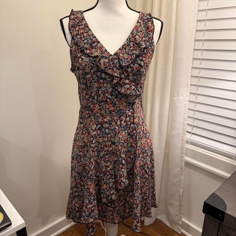 Teeze Me Floral Ruffle V-Neck Fit and Flare Dress Navy Orange Size 7/8 H703798